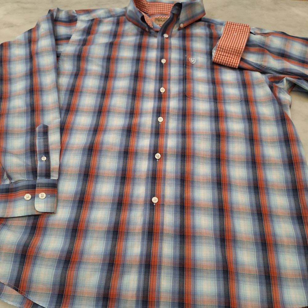 Ariat‎ Buttondown Shirt Mens Lg Blue Orange Plaid Wrinkle Free Western Flip Cuff - Picture 3 of 9